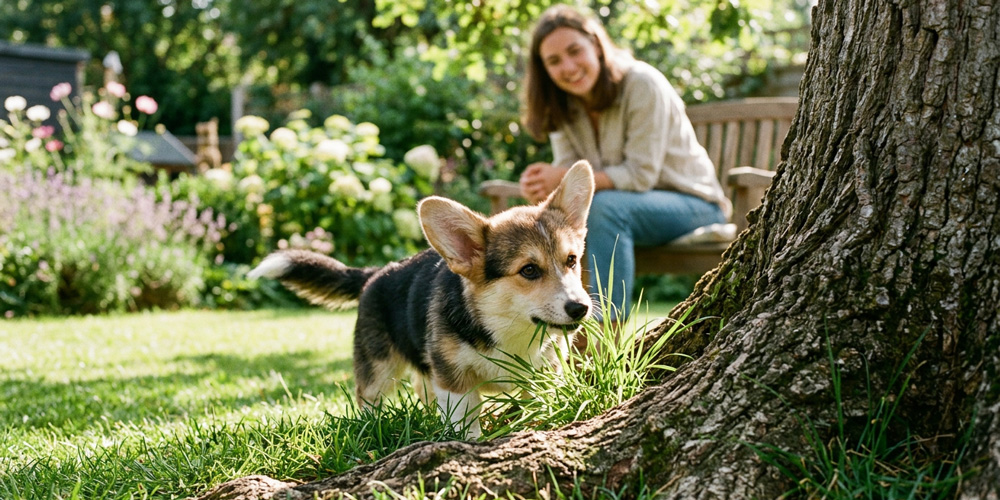 Dog eating grass