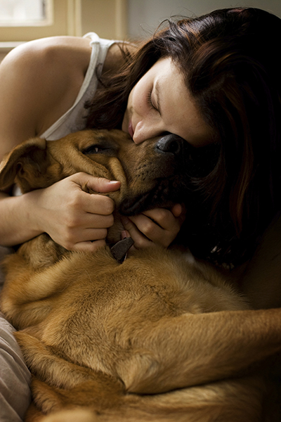 A large brown dog is snuggled up with a female with dark brown hair